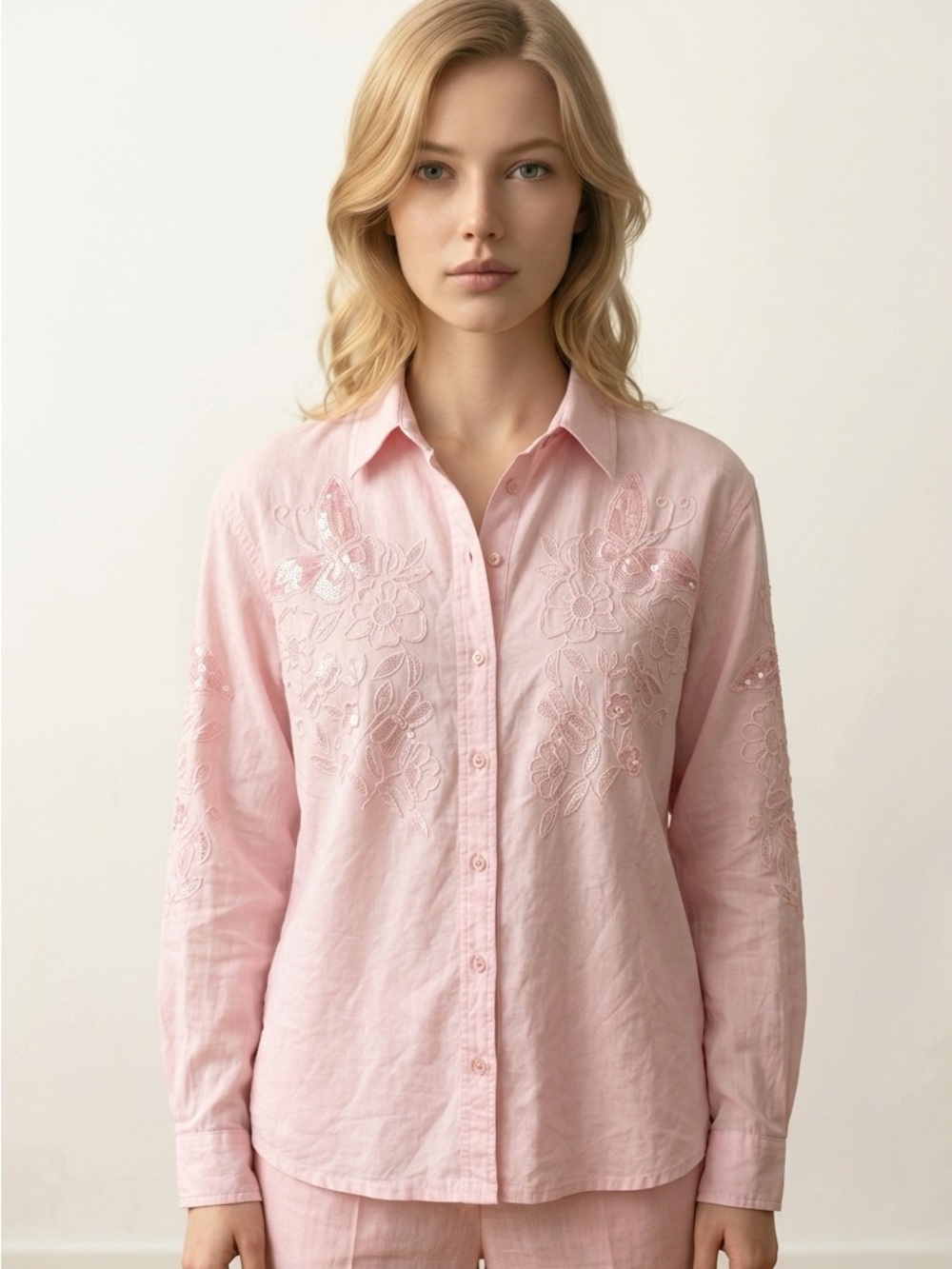 Quacker Factory Pink Embroidered Butterfly Sequin Button Down Shirt 1X A-37111